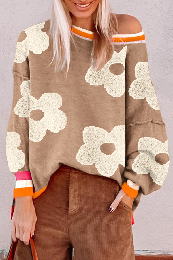 Smoke Gray Big Flower Pattern Contrast Striped Baggy Sweater