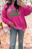Strawberry Pink Twisted Ribbed Texture Merry Christmas Sequin Letter Graphic Top