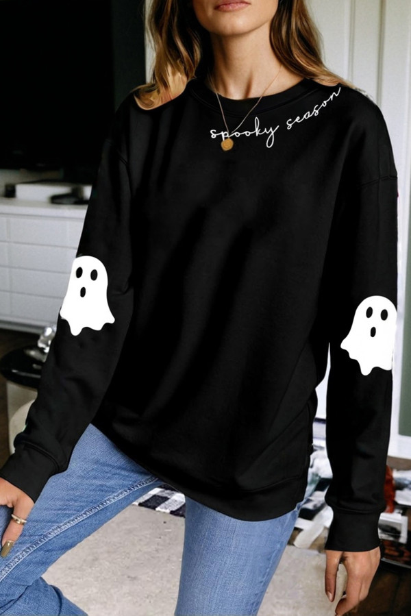 Black Spooky Season Halloween Ghost Printed Drop Shoulder Sweatshirt