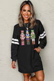 Black Christmas Sequin Nutcracker-man Graphic Varsity Striped Sleeve Sweatshirt Dress