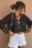 Chicory Coffee Heart Metal Button V Neck Cardigan Sweater