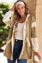 Light French Beige Waffle Contrast Knit Color Block Patchwork Button Front Oversize Hoodie