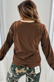Dark Brown Varsity Striped Accent Contrast Crew Neck Long Sleeve T Shirt