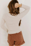 Beige Lace Neckline Button Decor Lettuce Edge Long Sleeve Ribbed Top