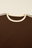 Dark Brown Varsity Striped Accent Contrast Crew Neck Long Sleeve T Shirt