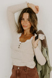 Beige Lace Neckline Button Decor Lettuce Edge Long Sleeve Ribbed Top