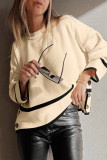 Beige Ribbed Knit Contrasted Stripe Detail Button Side Loose Sweater