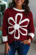 Red Dahlia Cheerful Daisy Flower Patched Round Neck Long Sleeve Top