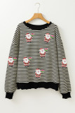 Black Stripe Santa Delivery Gift Sequin Patched Graphic Long Sleeve Top