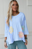 Light Blue Flower Patched Exposed Seam Bracelet Sleeve Oversized T Shirt