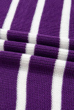 Purple Stripe Raw Edge Patched Pocket Short Sleeve Knit Sweater