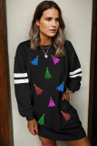 Black Colorful Sequin Christmas Tree Patched Varsity Sweatshirt Dress