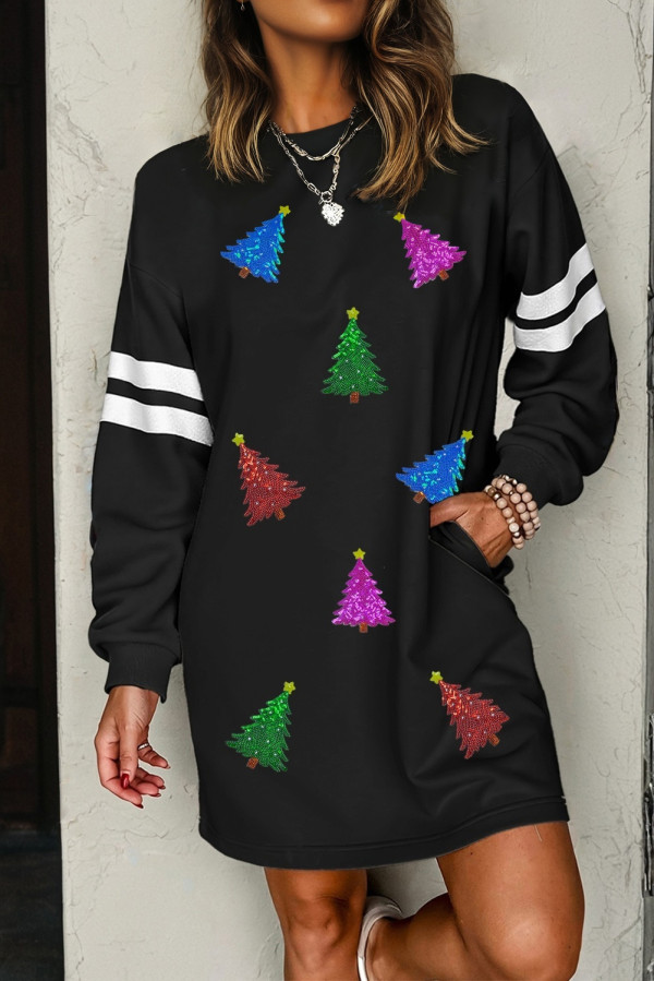 Black Colorful Sequin Christmas Tree Patched Varsity Sweatshirt Dress