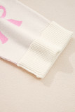 Pink Bow Print Ribbed Trim Exposed Seam Drop Shoulder Loose Sweater