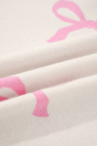 Pink Bow Print Ribbed Trim Exposed Seam Drop Shoulder Loose Sweater