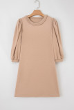 Light French Beige Braided Trim Puff Sleeve Dress