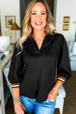 Black Stylish Textured Striped Patchwork Polo Collar Pullover Sweatshirt