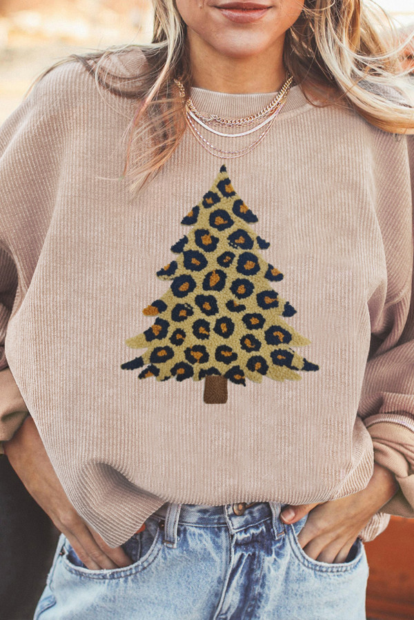 Apricot Leopard Christmas Tree Graphic Corded Sweatshirt