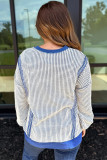 Dark Blue Waffle Knit Exposed Stitching Casual Top with Side Slits