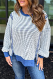 Dark Blue Waffle Knit Exposed Stitching Casual Top with Side Slits