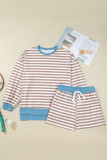 Khaki Stripe Contrast Edge Drop Shoulder Pullover and Shorts Plus Size Set