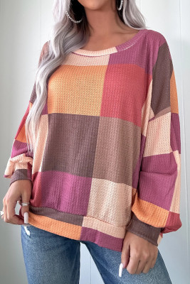 Rose Red Checkered Print Textured Knit Long Sleeve Loose Top