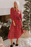 Red Christmas Plaid V Neck 3/4 Sleeve Tie Waist Ruffle Hem Long Dress