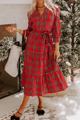 Red Christmas Plaid V Neck 3/4 Sleeve Tie Waist Ruffle Hem Long Dress