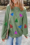 Grass Green Glitter Christmas Tree Patched Pattern Corded Baggy Sweatshirt