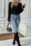 Black Contrast Striped Trim V Neck Drop Shoulder Sweater