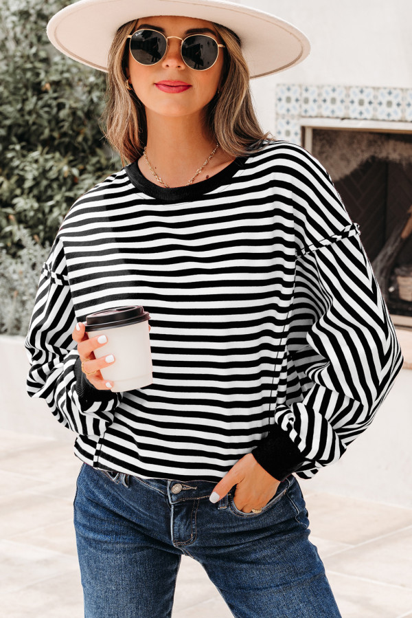 Black Stripe Exposed Seam Drop Shoulder Casual Pullover Top