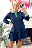 Navy Blue Contrast Striped Cuffs Polo Collar Patchwork Long Sleeve Ruffle Hem Mini Dress