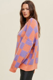 Grapefruit Orange Checkered Pattern Ribbed Trim Knit Baggy Sweater