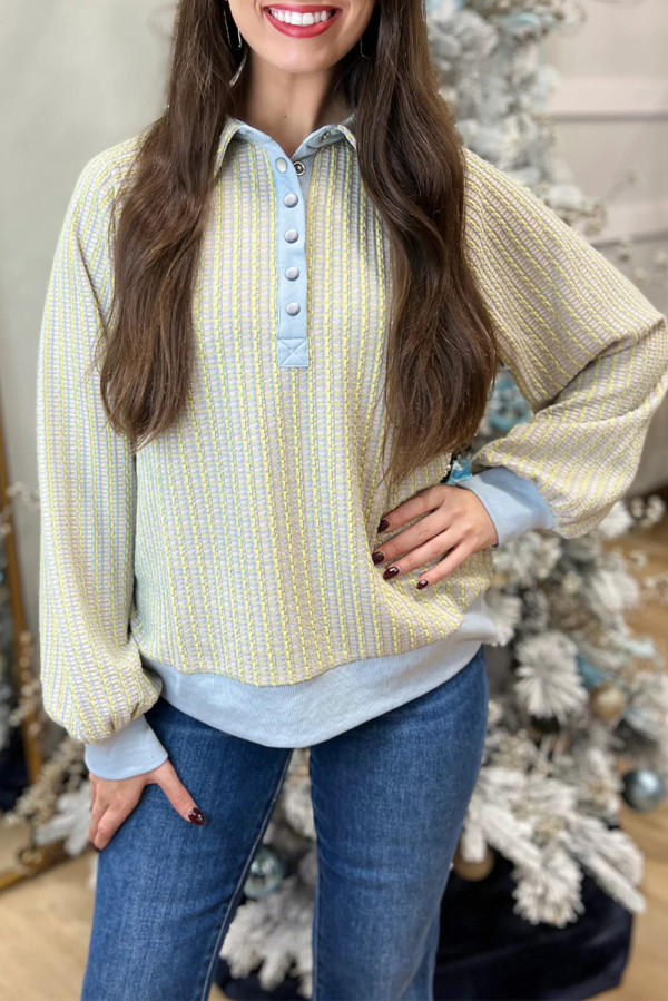 Beau Blue Button Front Jacquard Henley Sweatshirt