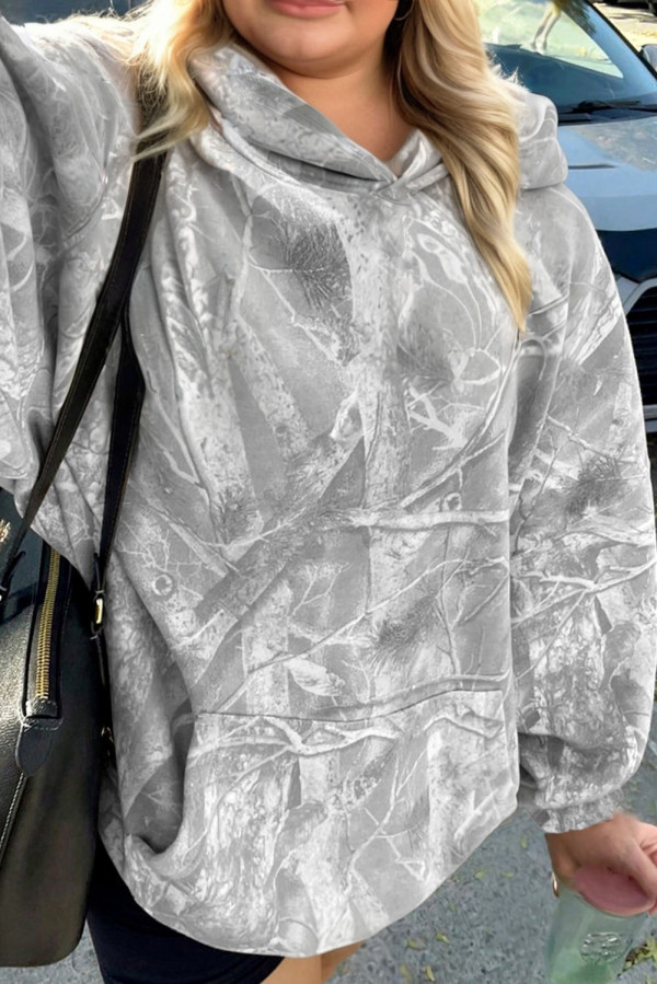 Gray Plus Size Camouflage Woodland Print Oversized Sporty Hoodie