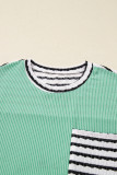 Sea Green Twisted Ribbed Contrast Round Neck Striped Patchwork Long Sleeve Top