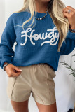 Dusk Blue Howdy Embroidered Graphic Western Sweater