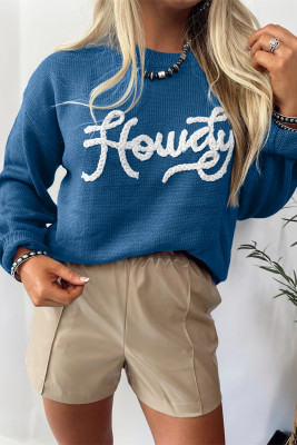 Dusk Blue Howdy Embroidered Graphic Western Sweater