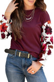 Wild Ginger Contrast Floral Sleeve Solid Ribbed Body Patchwork Long Sleeve Top