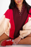 Fiery Red Color Block Patchwork Snap Button Oversize Hoodie