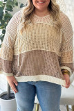 Parchment Colorblock Hollowed Knit Plus Size Hooded Jumper Sweater