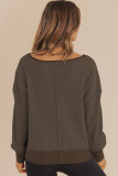 Dark Brown Waffle Knit Notched V Neck Drop Shoulder Solid Sweatshirt