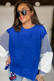 Dark Blue Striped Patchwork Sleeve Colorblock Sweatshirt