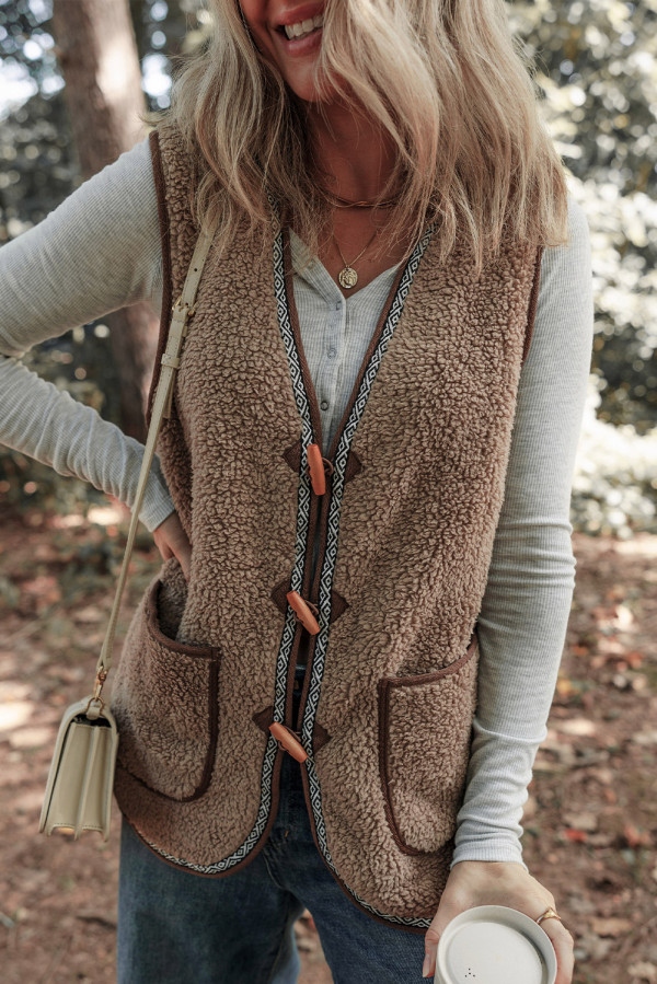 Dark Khaki Sherpa Contrast Trim Patch Pocket Cartridge Toggle Button Vest