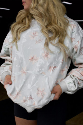 Gray Floral Print Plus Size Loose Hoodie