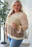 Parchment Colorblock Hollowed Knit Plus Size Hooded Jumper Sweater