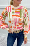 Rose Love Lines Pattern Crew Neck Puff Sleeve Sweater