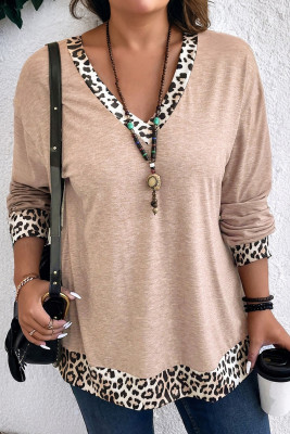 Parchment Leopard Patchwork V Neck Long Sleeve Plus Size Top