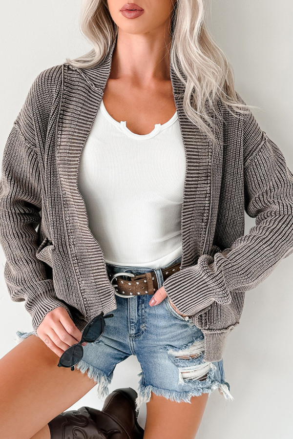 Dark Brown Mineral Wash Exposed Seam Patchwork Knit Open Sweater Cardigan