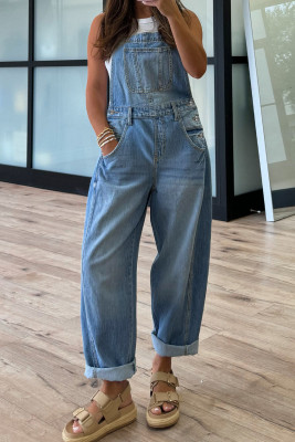 Dusk Blue Adjustable Buckle Barrel Denim Overalls